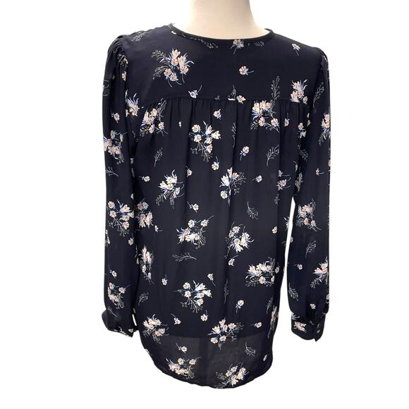 LOFT Navy Floral Cottage Long Sleeve Blouse Top Sheer XS - Picture 4 of 6